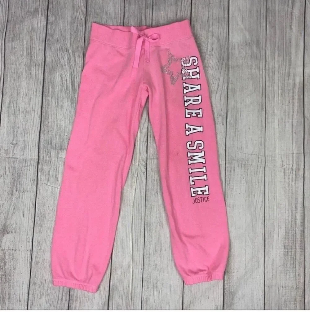 Justice youth girls 10 elastic ankle hem  pull on graphic print sweatpants pink